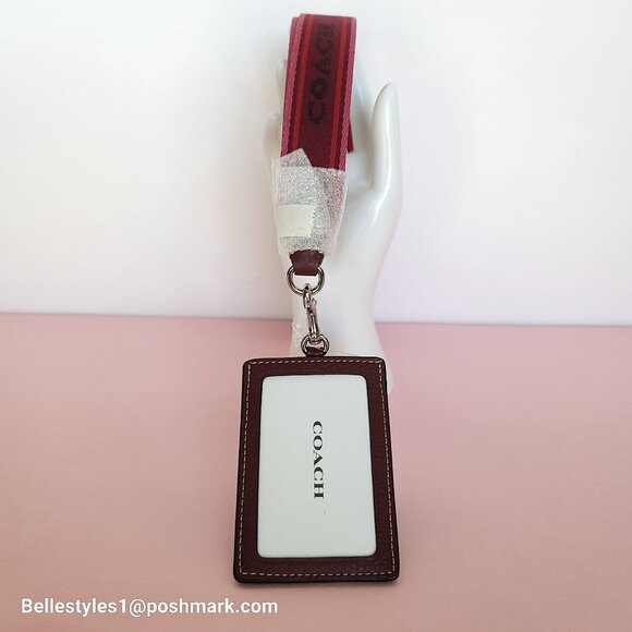 COACH Lanyard ID Pebbled Leather w Webbing Strap- Wine multi⭐ - Picture 6 of 14